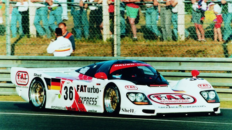 The No. 36 Porsche Dauer 962 on track at Le Mans in 1994 with Hurley Haywood behind the wheel.