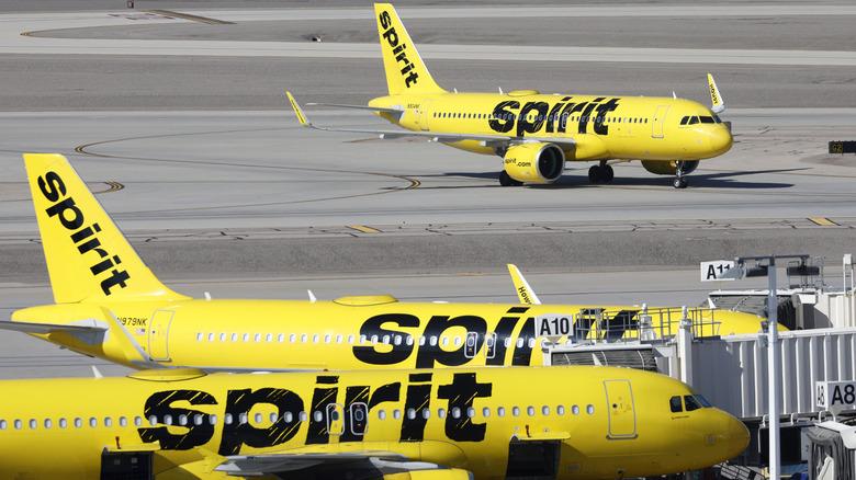 A Spirit Airlines Airbus A-320 taxis at Harry Reid International Airport on March 15, 2025 in Las Vegas, Nevada.