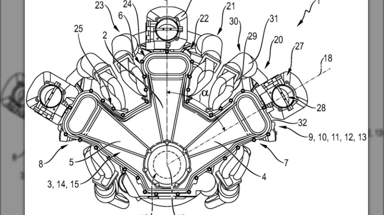 An image from Porsche's patent filing depicting its proposed W-engine design.