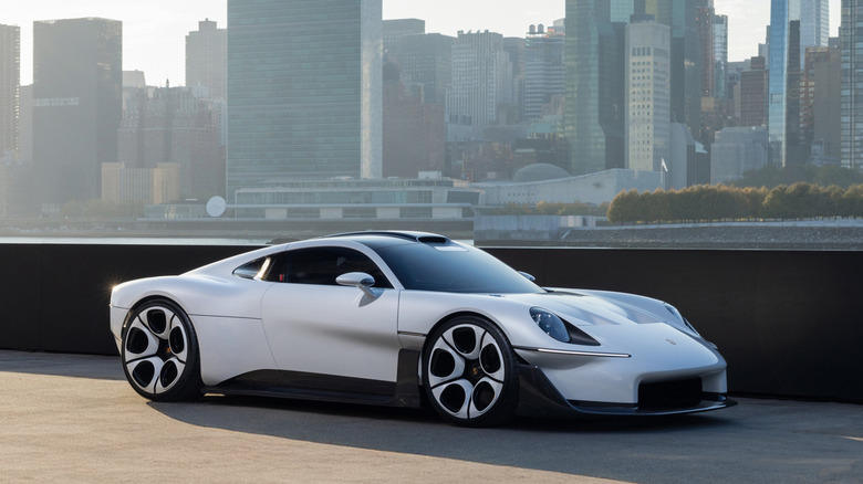 Front 3/4 view of the Porsche Mission S concept with New York City in the background