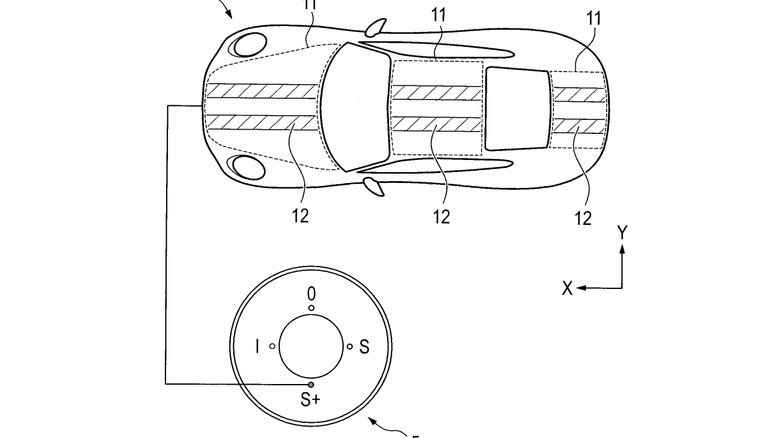 A screenshot of the diagram on the patent application showing an overhead view of a 911 with two racing stripes linked to the drive mode selector being in Sport+