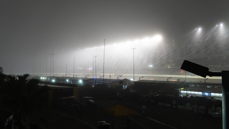 The main grandstand at Daytona International Speedway obscured by fog