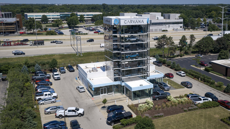 An aerial view shows a Carvana vending tower on July 30, 2026 in Oak Brook, Illinois.