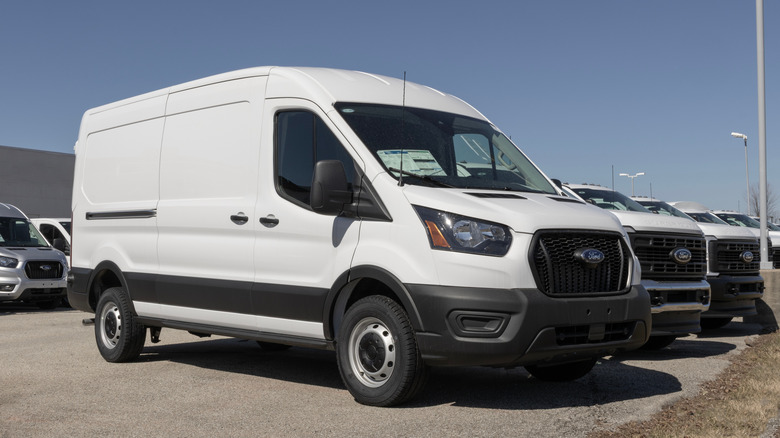 Ford Transit 250 MR Cargo van display at a dealership.