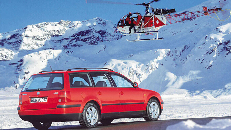 Rear shot of a red B5-generation Passat Wagon