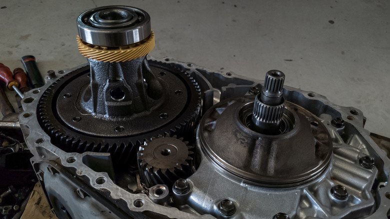 Gears on a transaxle gearbox.
