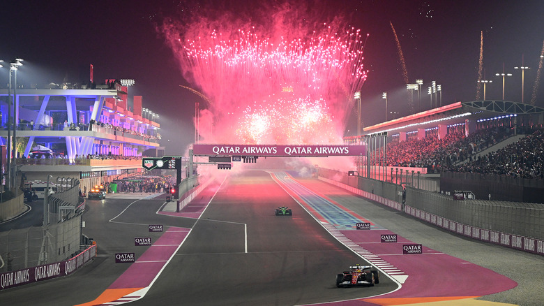 Fireworks light the sky at the end of the race during the F1 Grand Prix of Qatar at Lusail International Circuit on November 30, 2025 in Lusail City, Qatar.