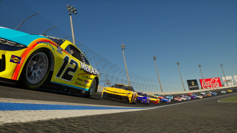 Cup Cars ripping around Charlotte Motor Speedway in NASCAR 25