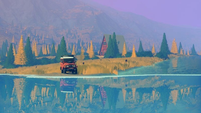 Toyota FJ-esque offroader on the shores of a lake in "over the hill"