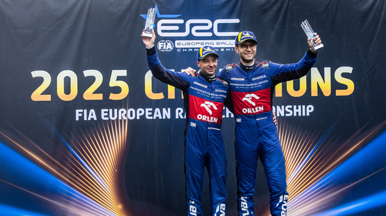 Miko Marczyk and co-driver Szymon Gospodarczyk celebrating their 2025 European Rally Championship win