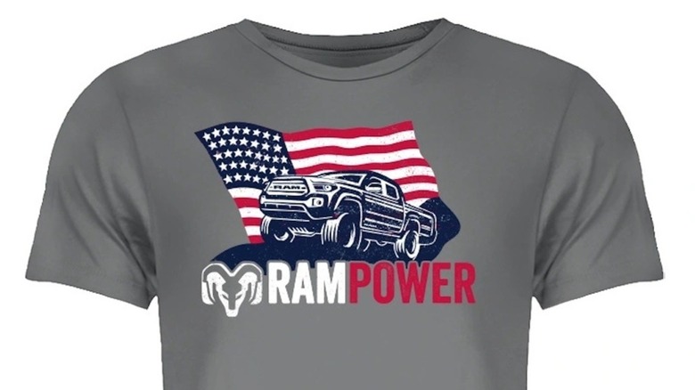 A t-shirt that says "Ram Power" with an American flag and a Toyota Tacoma with a Ram grill