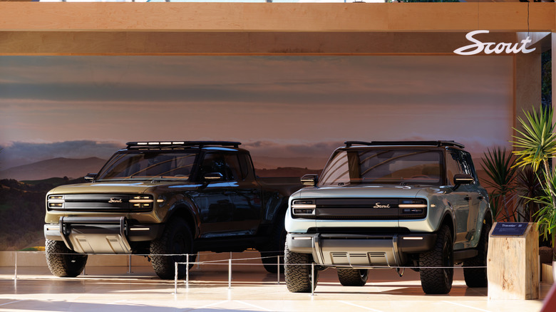 The Scout Motors Terra and Traveler are on display during the 2025 Los Angeles Auto Show at the Los Angeles Convention Center on November 23, 2025 in Los Angeles, California.