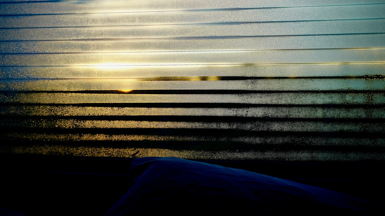 Rear defroster melting frost with the sunrise on the background