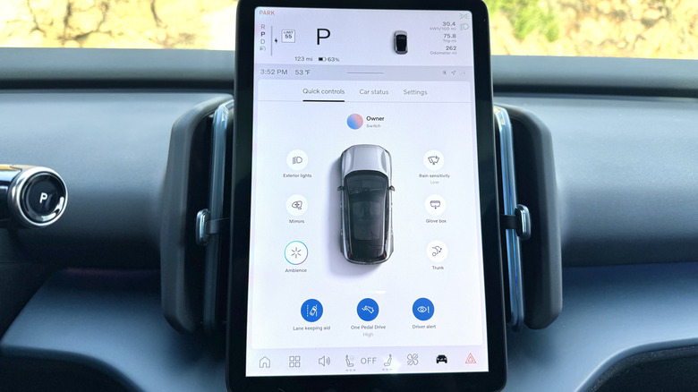 A close-up of the EX30s center screen showing the vehicle controls from exterior lights to mirror adjustment and safety features