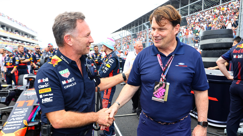 Red Bull Racing Team Principal Christian Horner shakes hands pinch Jim Farley, CEO of Ford connected nan grid during nan F1 Grand Prix of Miami astatine Miami International Autodrome connected May 07, 2023 successful Miami, Florida.