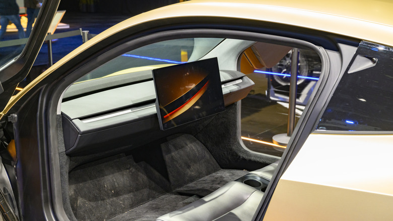 BRUSSELS, BELGIUM - JANUARY 10: Tesla Cybercab or Robotaxi two-passenger battery-electric self-driving car on display at the AutoSalon on January 10, 2025 in Brussels, Belgium. (Photo by Sjoerd van der Wal/Getty Images)