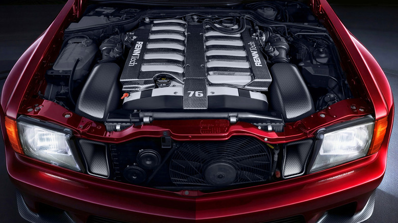 A close-up view of a RENNtech-tuned Mercedes V12 engine bay.