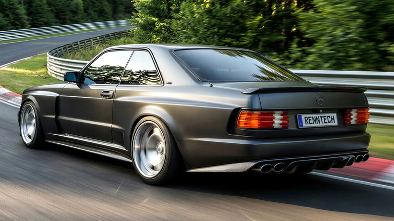 A highly-detailed rendering of a matte-black Mercedes SEC by RENNtech being driven on the Nurburgring track.