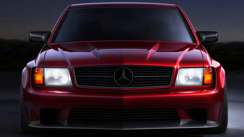 A highly-detailed front-end rendering of a red Mercedes-Benz SEC Coupe by RENNtech.