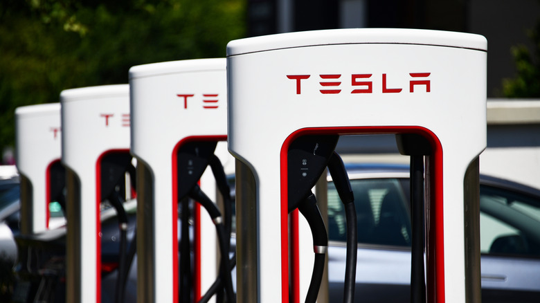 Bispingen, Germany - June 16, 2022: Tesla Supercharger Station near Bispingen, Germany - Tesla is an American electic vehicle and clean energy company