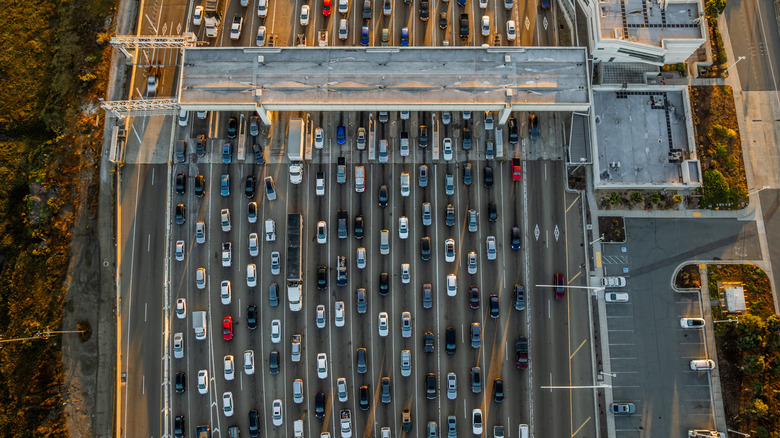 An overhead view of crowded highway toll station in San Francisco