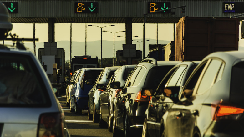 A traffic jam at highway toll station