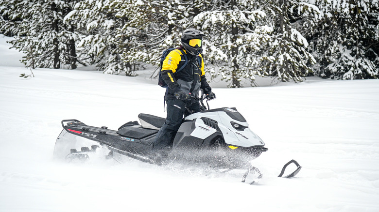 A rider stands up on a gray Ski-Doo snowmobile