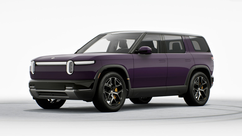 Front 3/4 of a Rivian R2 Performance in Borealis purple.