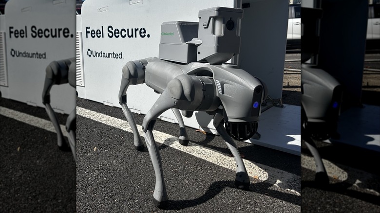 Front 3/4 view of the Undaunted robot dog, part of its security system