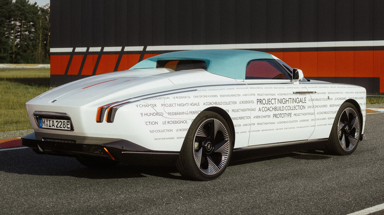 Rear 3/4 view of a white Rolls-Royce Project Nightingale