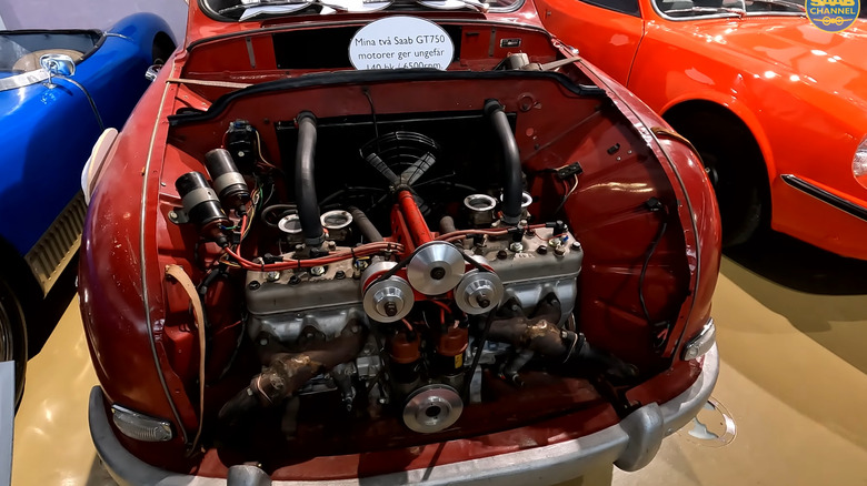 The Saab 93 twin-engined prototype inside a Monstret