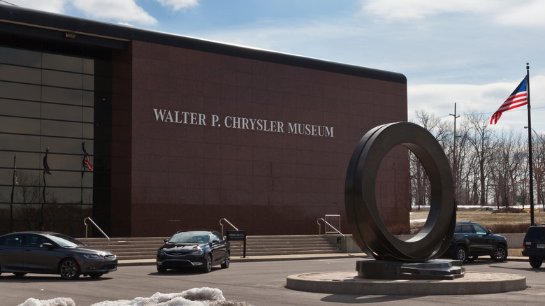 The Walter P. Chrysler Museum with an American flag in winter.
