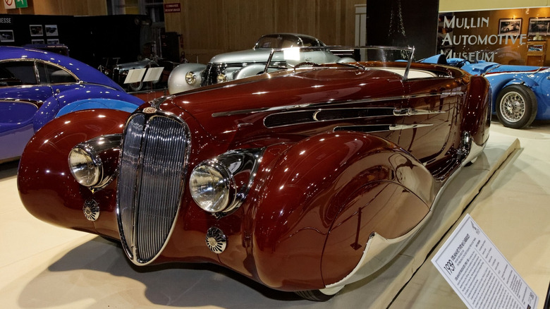 The red streamlined 1939 Delahaye Type 165 Cabriolet from Mullin Automotive Museum's collection