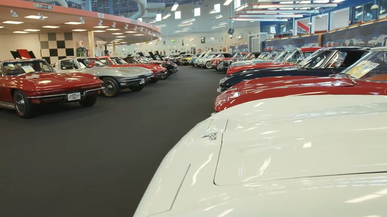 The Muscle Car City museum showing curving rows of vintage Corvettes and muscle cars