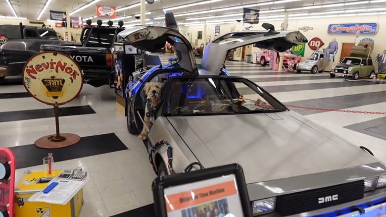 The interior of Rodz & Bodz Museum showing a Back to the Future DeLorean DMC-12 and a Toyota pickup truck