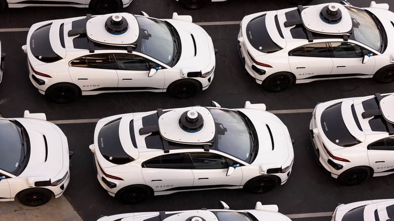 Aerial view of Alphabet's Waymo self-driving car fleet storage facility in the Bayview Hunter's Point district