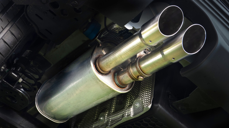 Close up shot of a dual-exit exhaust muffler