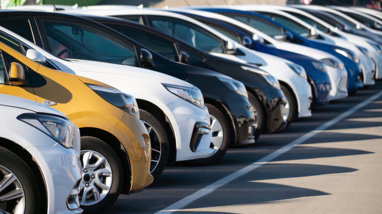 A line of used cars parked on a dealer lot