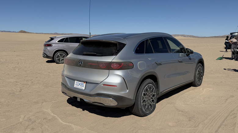 Rear 3/4 position of a metallic 2027 Mercedes-Benz GLC EV
