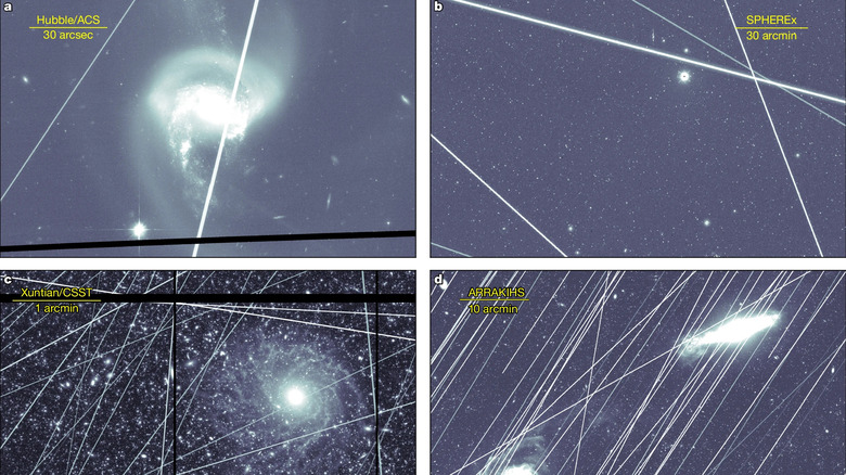 NASA renderings of satellite constellation contamination on different space telescopes