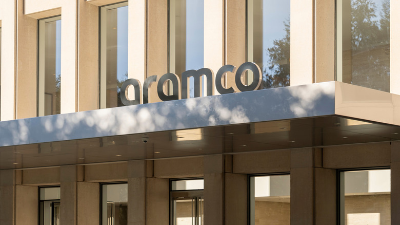 Houston, Texas, USA - February 27, 2022: Aramco sign on the building at its office in Houston, Texas, USA. Saudi Aramco is a oil producer.