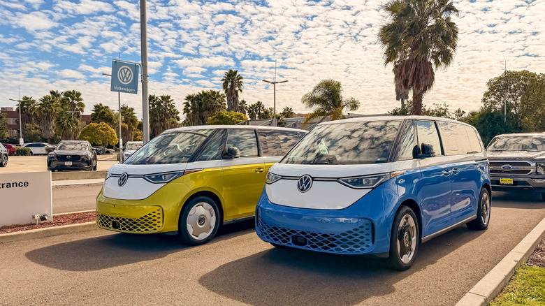 Newark, California, USA - January 19, 2026: Blue and Yellow Volkswagen ID. Buzz Electric Van on Display at Newark Dealership, California