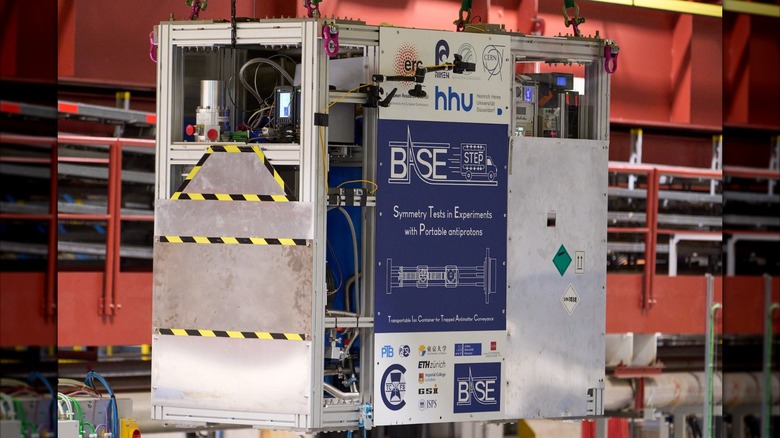 The BASE-STEP trap, suspended from a crane while holding antimatter particles