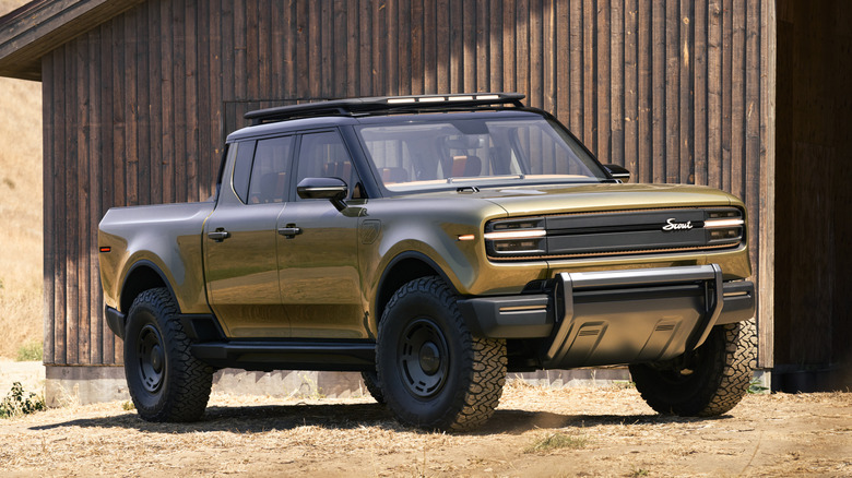 Front 3/4 view of a green Scout Terra pickup concept
