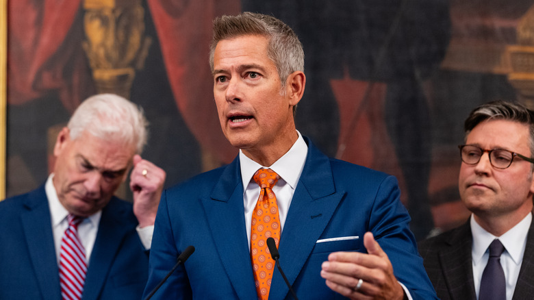 U.S. Secretary of Transportation Sean Duffy speaks alongside Representative Tom Emmer (R-MN) and U.S. Speaker of the House Mike Johnson (R-LA) during a press conference on air traffic controller pay and the government shutdown at the U.S. Capitol on October 23, 2025 in Washington, DC.