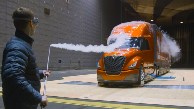 Wind tunnel aerodynamic testing with semi truck and trailer
