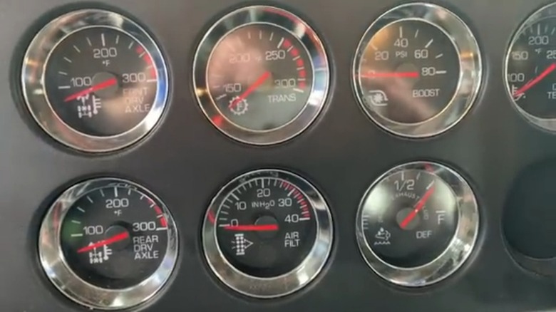 A sample of some of the gauges present in a semi truck.