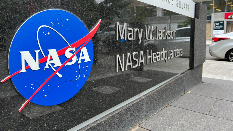 The NASA logo at the entrance to NASA headquarters in Washington, D.C.