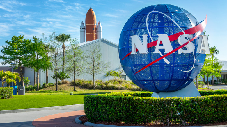 The NASA logo at the entrance to Kennedy Space Center