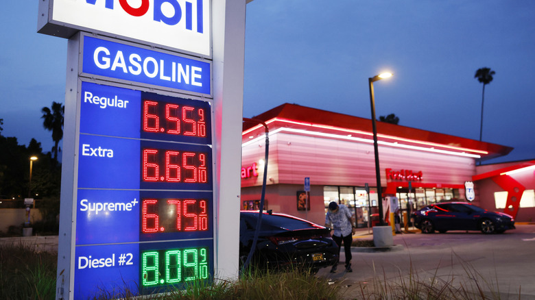 Gas prices are displayed at a Mobil gas station on March 30, 2026 in Pasadena, California.